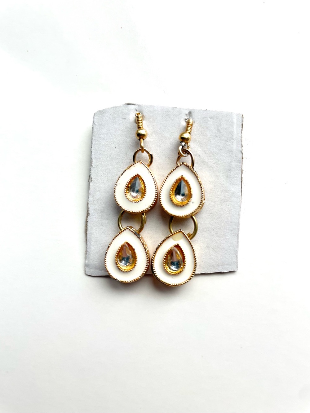Handmade Kundan-Style Earrings Indian White Enamel Double Drop Gold Tone